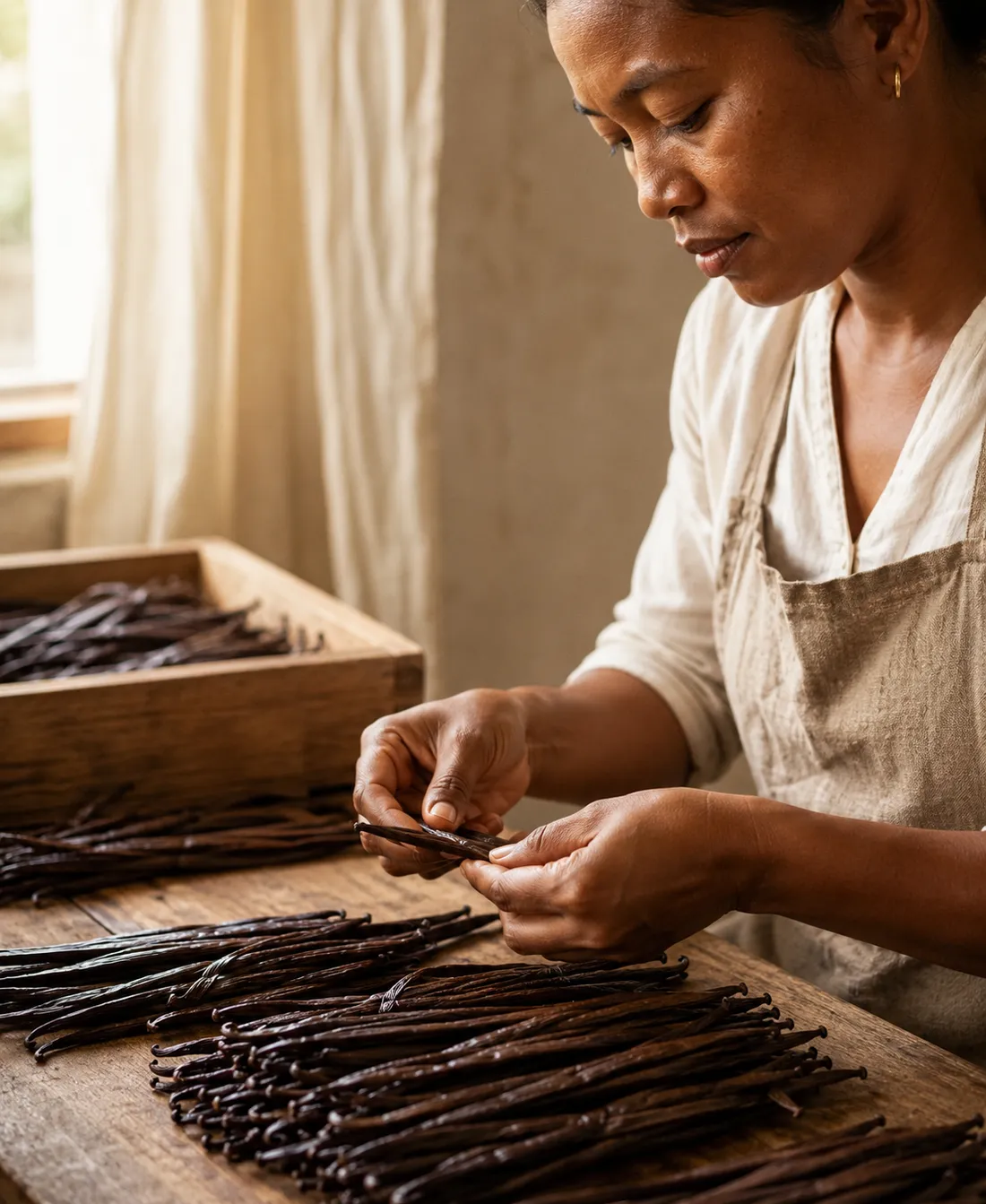 Artisane triant des gousses de vanille Bourbon à Sambava, Madagascar